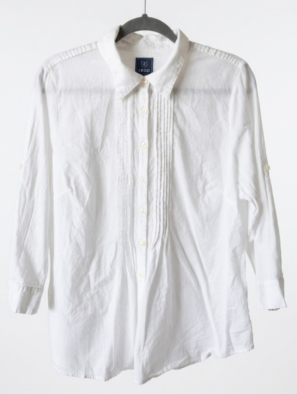 IZOD White Cotton 3/4 Sleeve Pintuck Button Down Shirt - Women's Size L